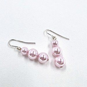 Pink Graduated Faux Pearl Silver Tone Fishhook Earrings